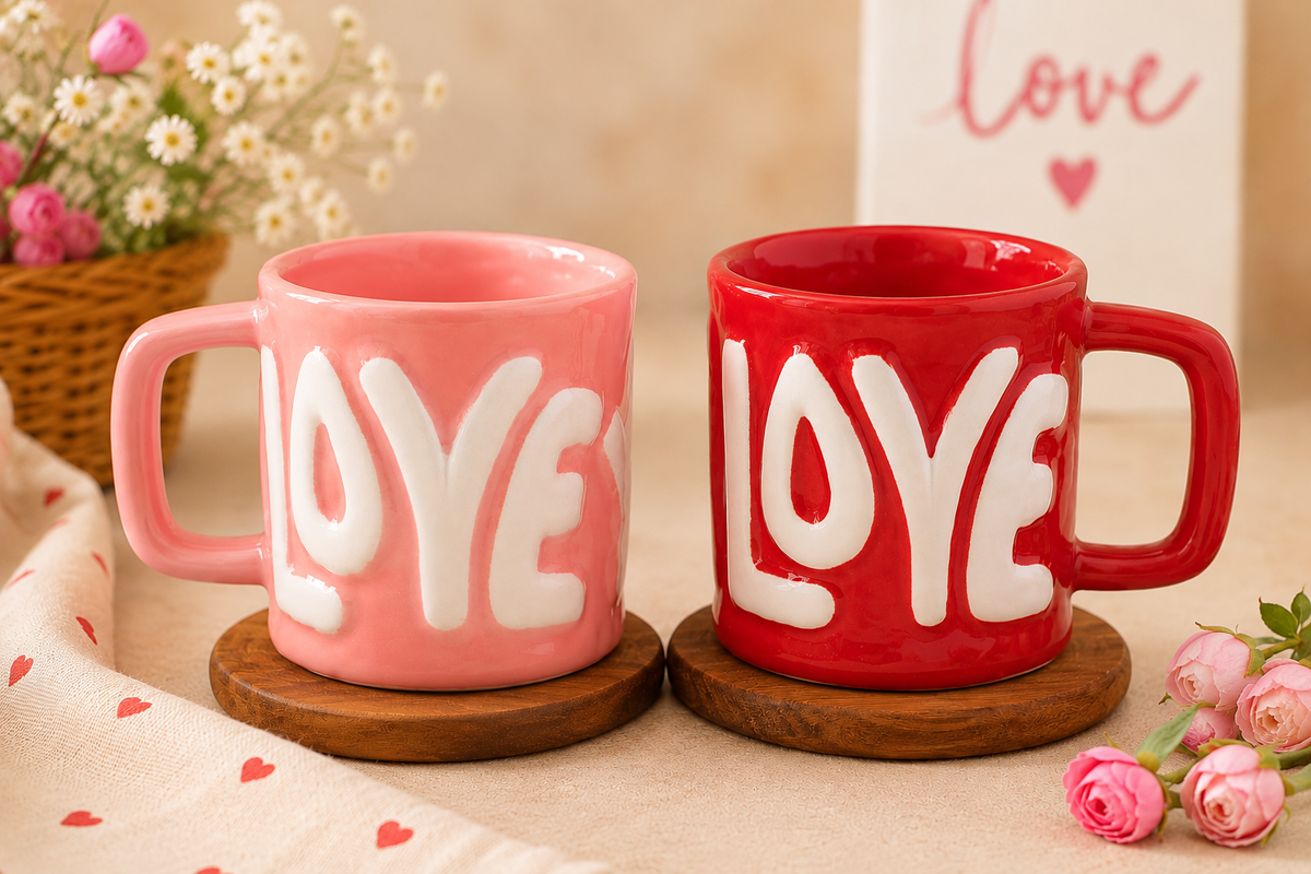 Pink and red LOVE ceramic mugs