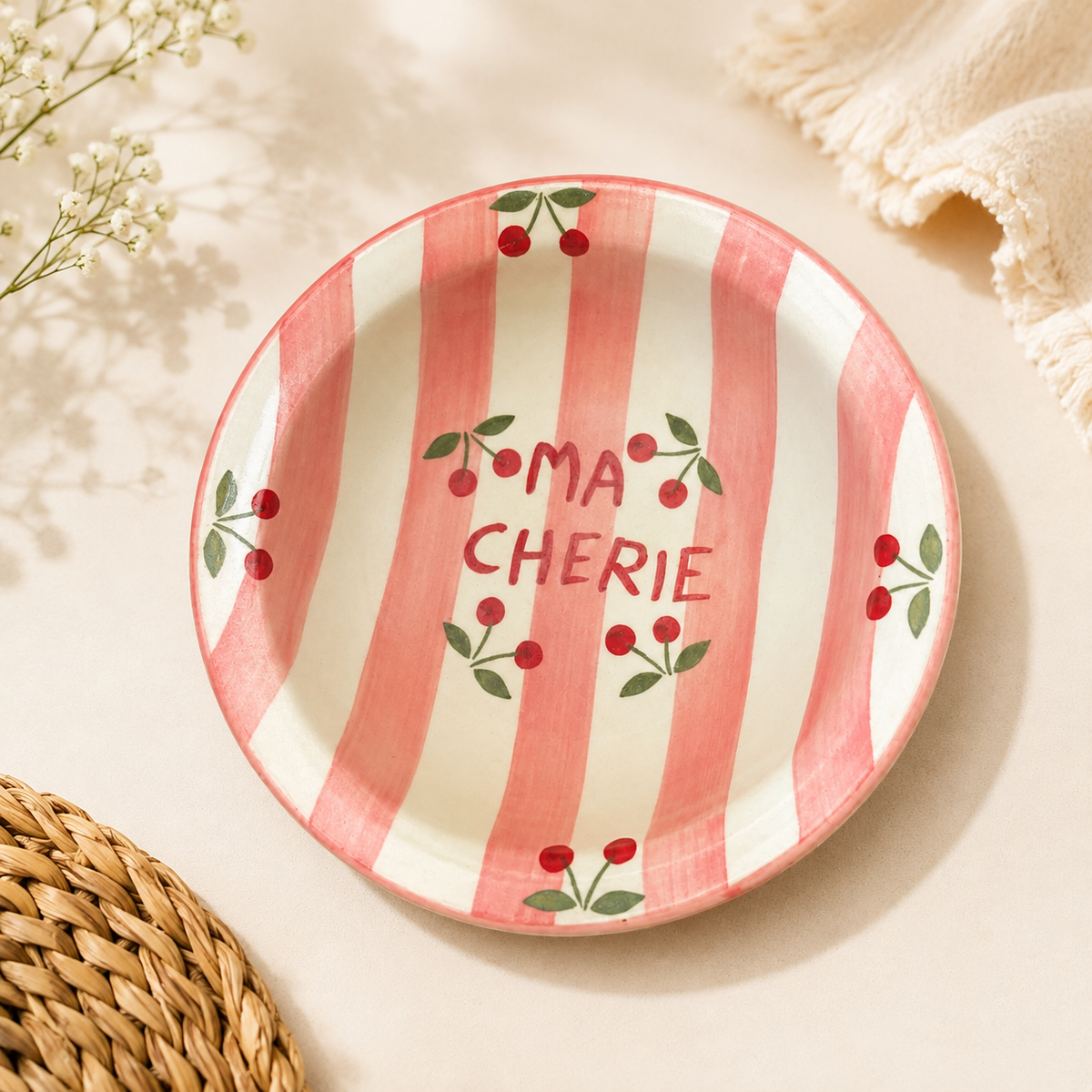 Pink striped Ma Cherie ceramic dish