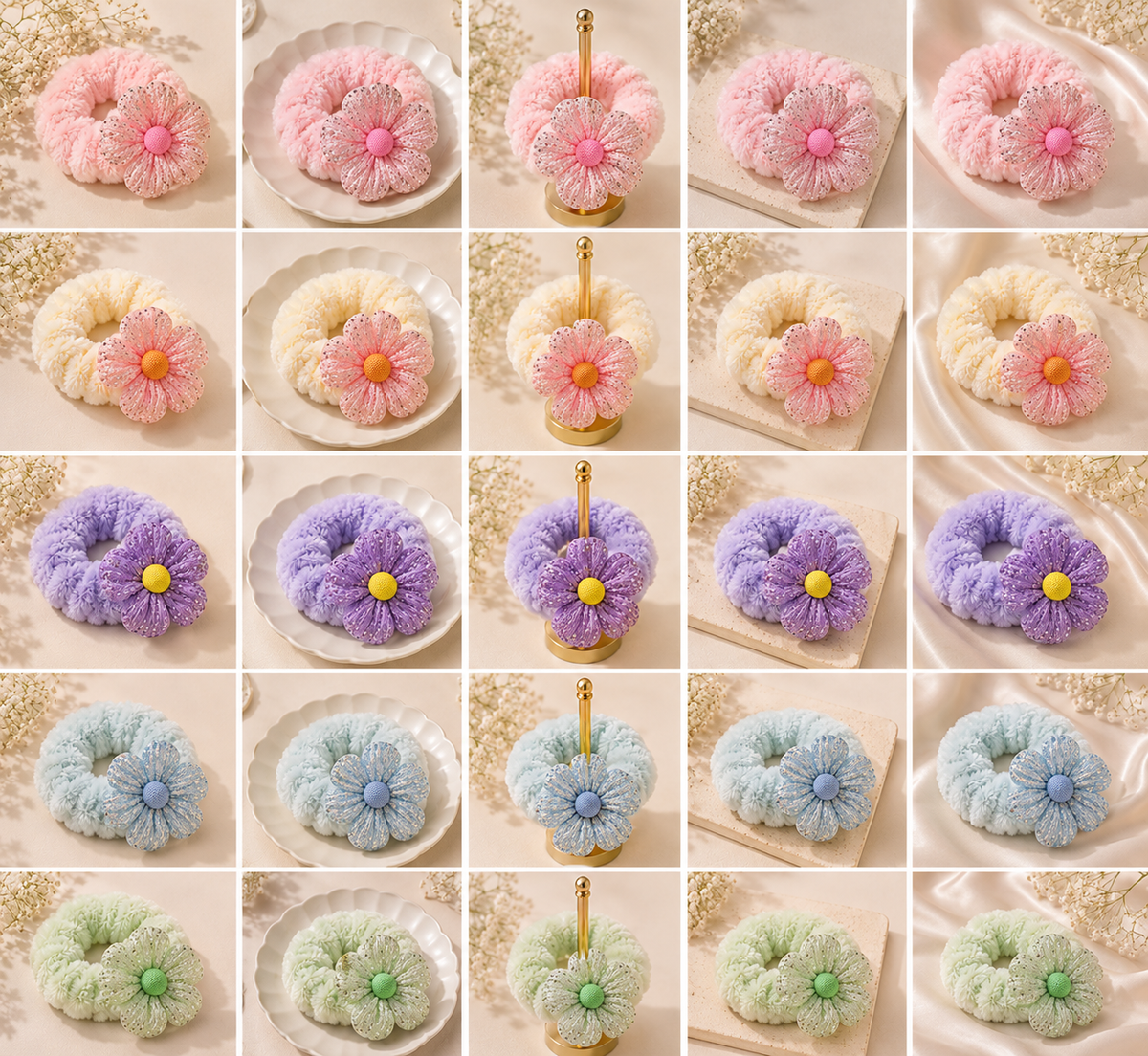 Pastel fluffy floral scrunchies in pink, cream, lavender, blue and green