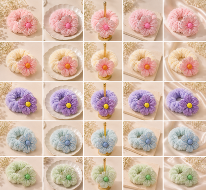 Pastel fluffy floral scrunchies in pink, cream, lavender, blue and green