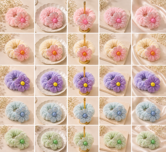 Pastel fluffy floral scrunchies in pink, cream, lavender, blue and green