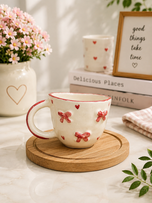 Cream ceramic mug with raised pink bows and heart details