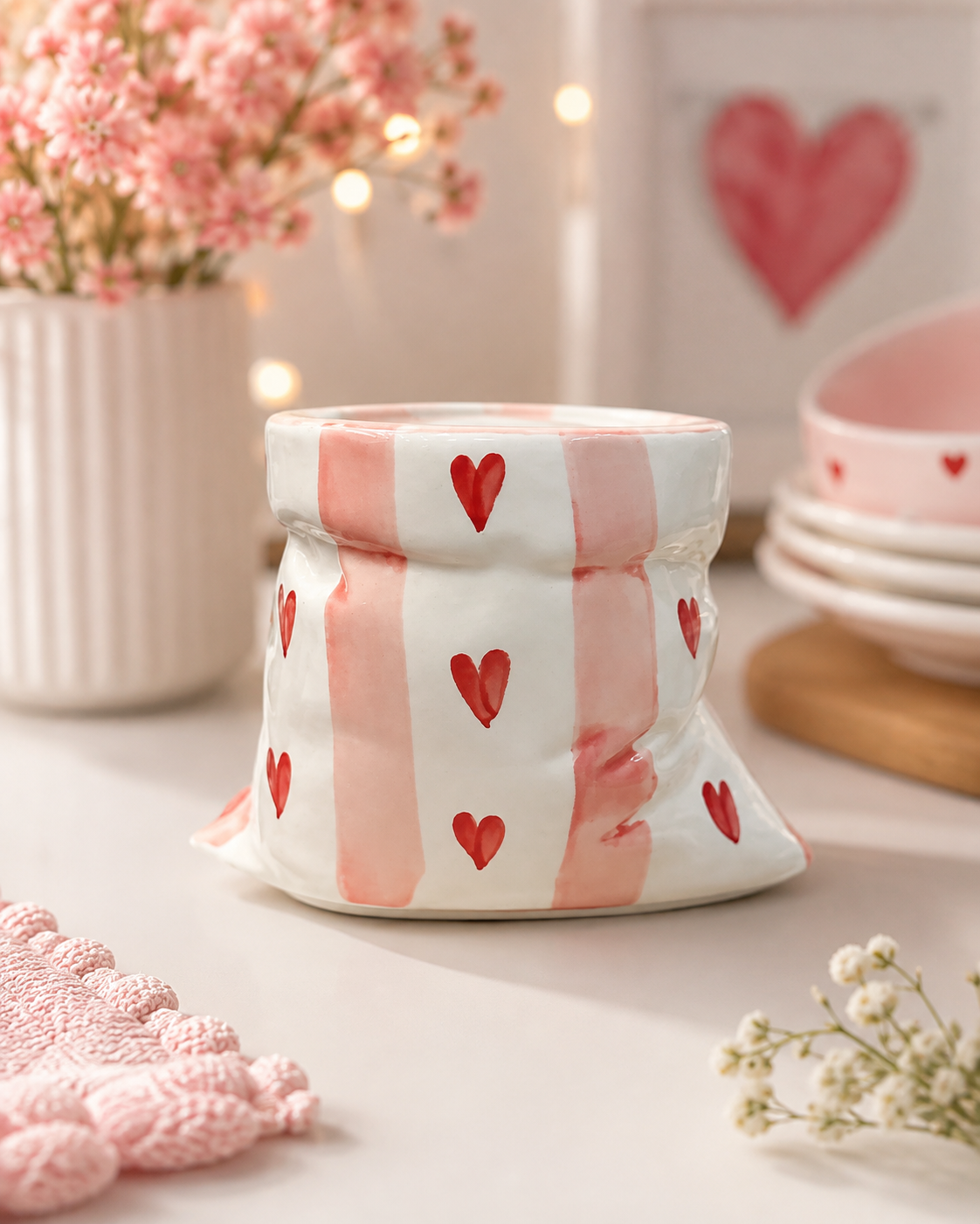 Pink and white heart ceramic pot