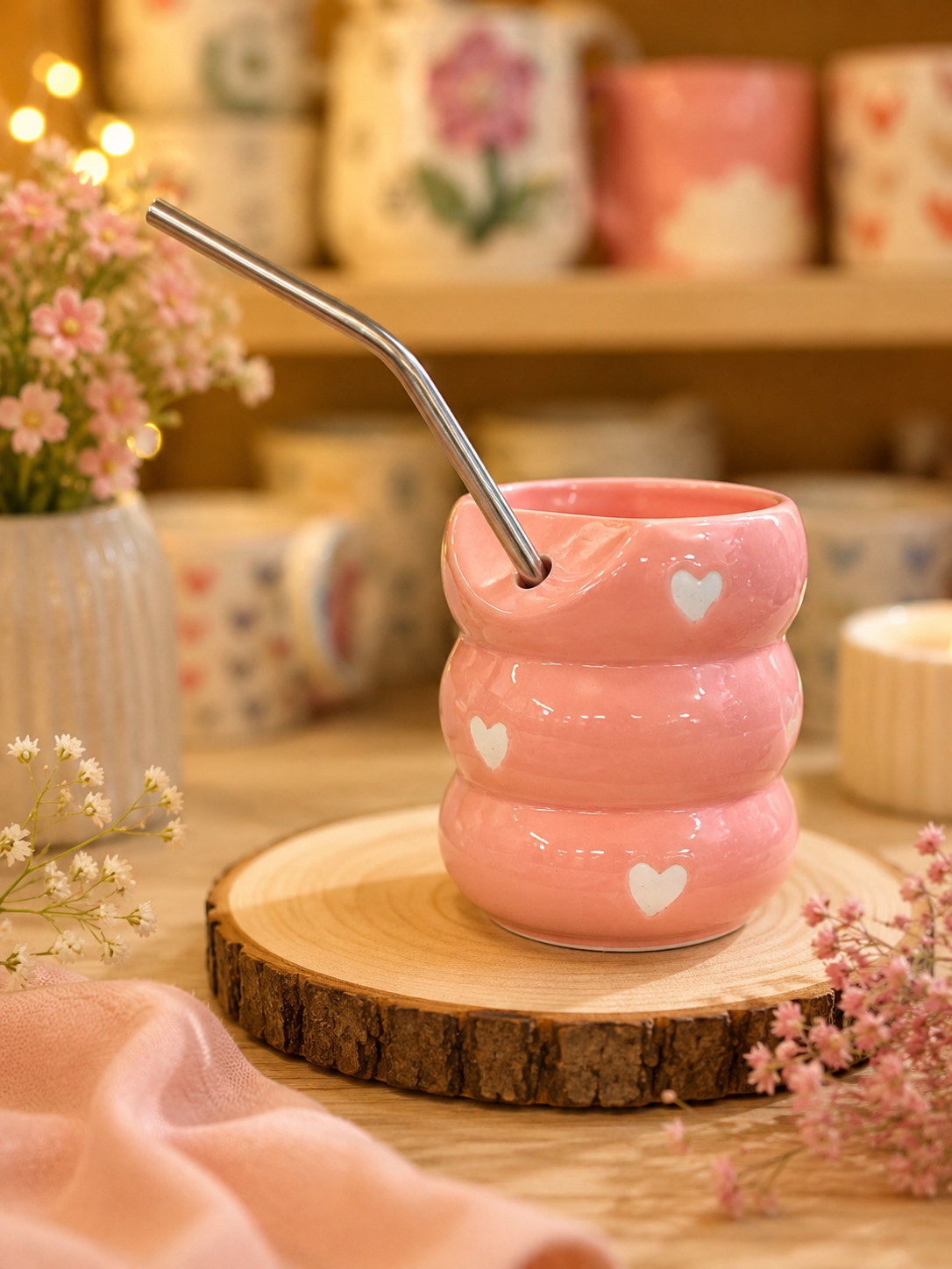 Pink stacked ceramic mug with white hearts and stainless steel straw