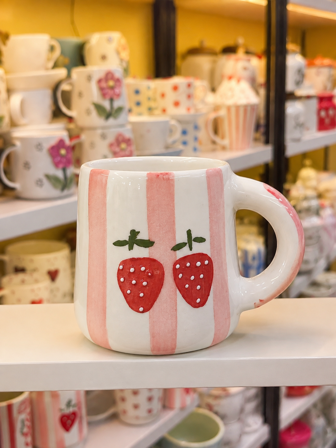 Pink striped strawberry ceramic mug