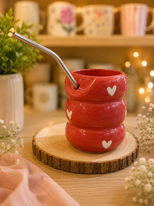 Red stacked ceramic mug with white hearts and metal straw