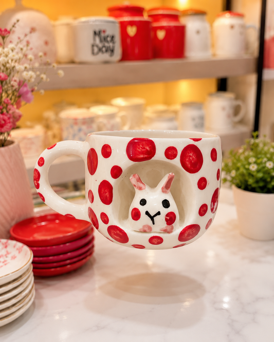 White ceramic mug with red polka dots and cute bunny design