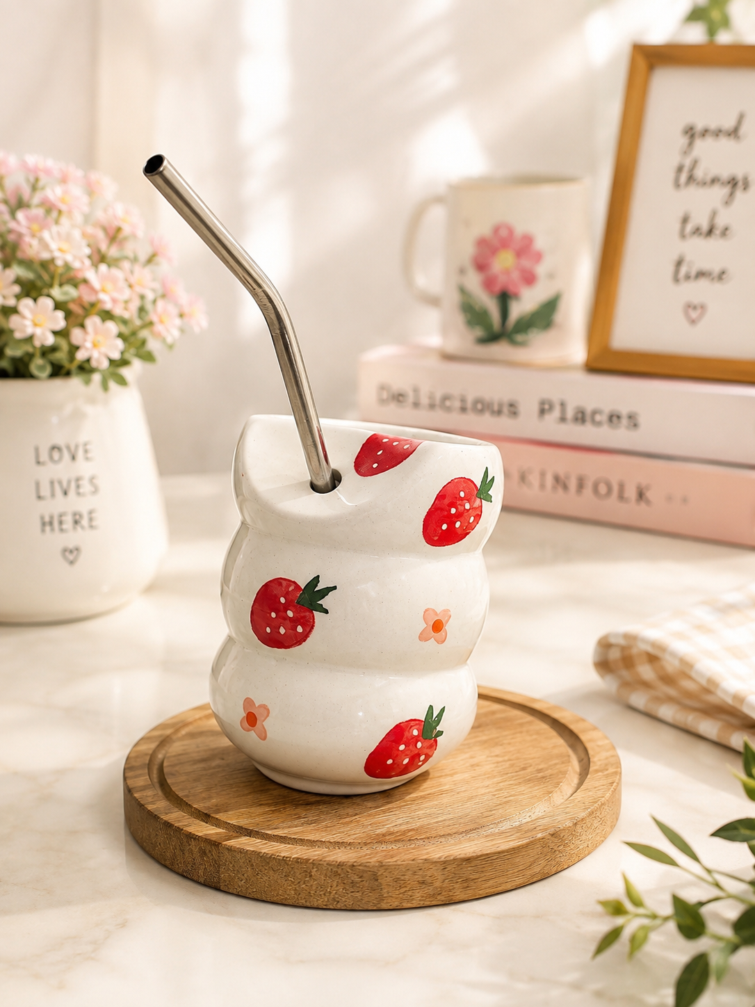 Strawberry ceramic cup with stainless steel straw