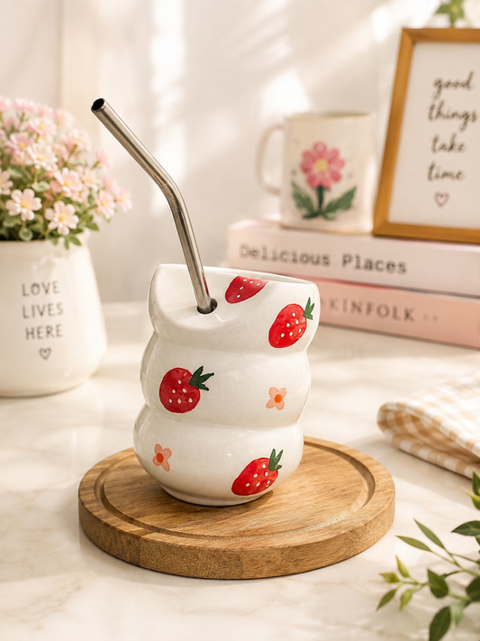 Strawberry ceramic cup with stainless steel straw