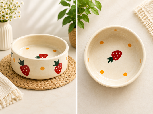 Strawberry ceramic pet bowl with red strawberry and orange dot design