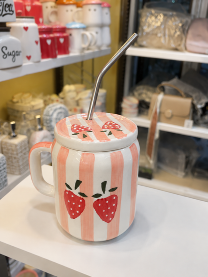 Strawberry pink striped ceramic mug with lid and straw